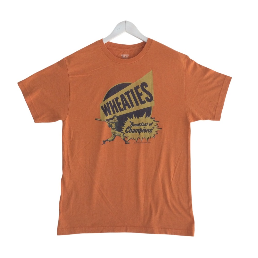 TNT Wheaties Breakfast of Champions Graphic T-Shirt Mens Large Orange Baseball